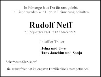 Traueranzeige von Rudolf Neff von Lübecker Nachrichten