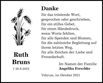 Traueranzeige von Ruth Bruns von Peiner Allgemeine Zeitung