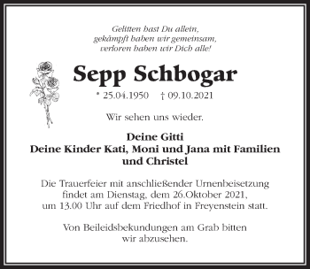 Traueranzeige von Sepp Schbogar von Märkischen Allgemeine Zeitung
