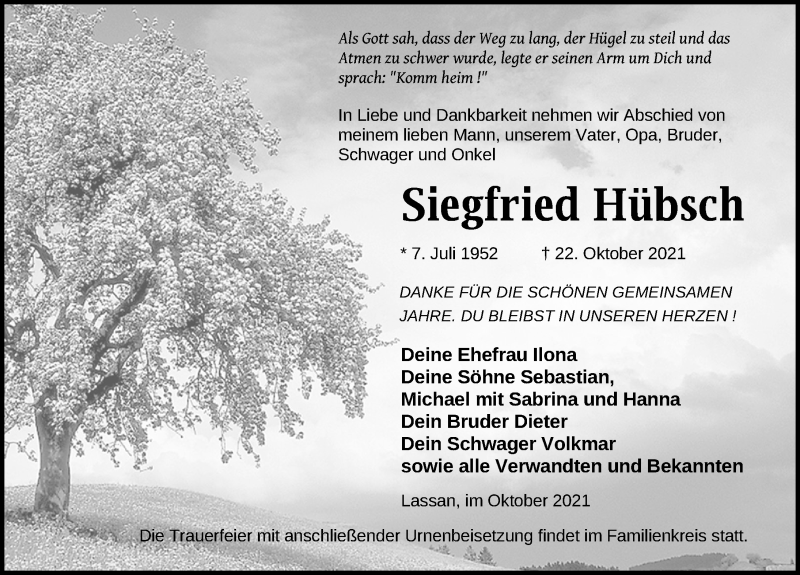  Traueranzeige für Siegfried Hübsch vom 30.10.2021 aus Ostsee-Zeitung GmbH