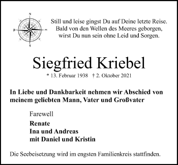Traueranzeige von Siegfried Kriebel von Lübecker Nachrichten