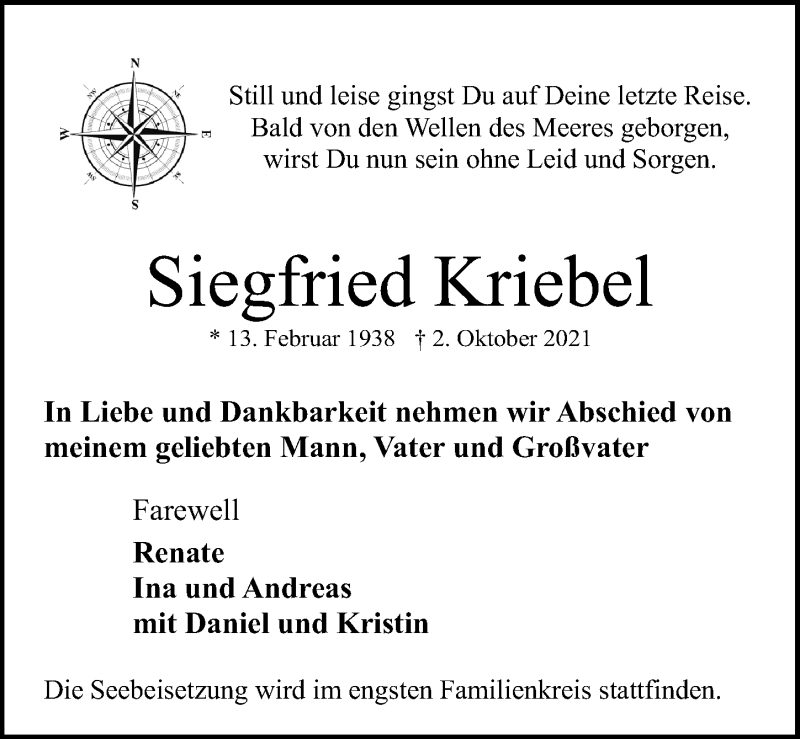  Traueranzeige für Siegfried Kriebel vom 10.10.2021 aus Lübecker Nachrichten