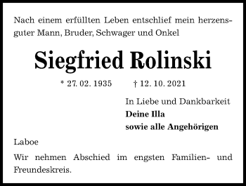 Traueranzeige von Siegfried Rolinski von Kieler Nachrichten