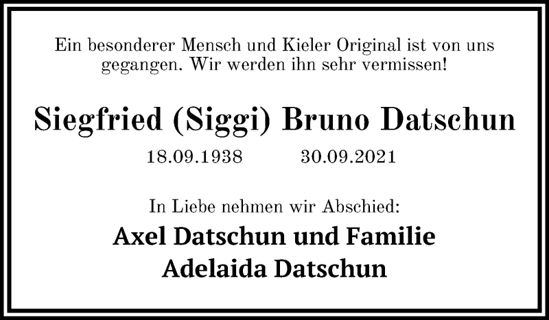  Traueranzeige für Siegfried Bruno Datschun vom 06.10.2021 aus Kieler Nachrichten