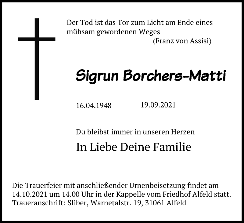  Traueranzeige für Sigrun Borchers-Matti vom 09.10.2021 aus Hannoversche Allgemeine Zeitung/Neue Presse