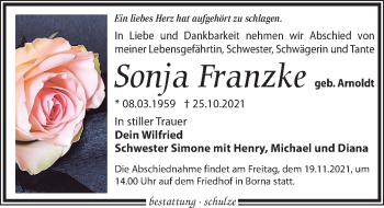 Traueranzeige von Sonja Franzke von Leipziger Volkszeitung