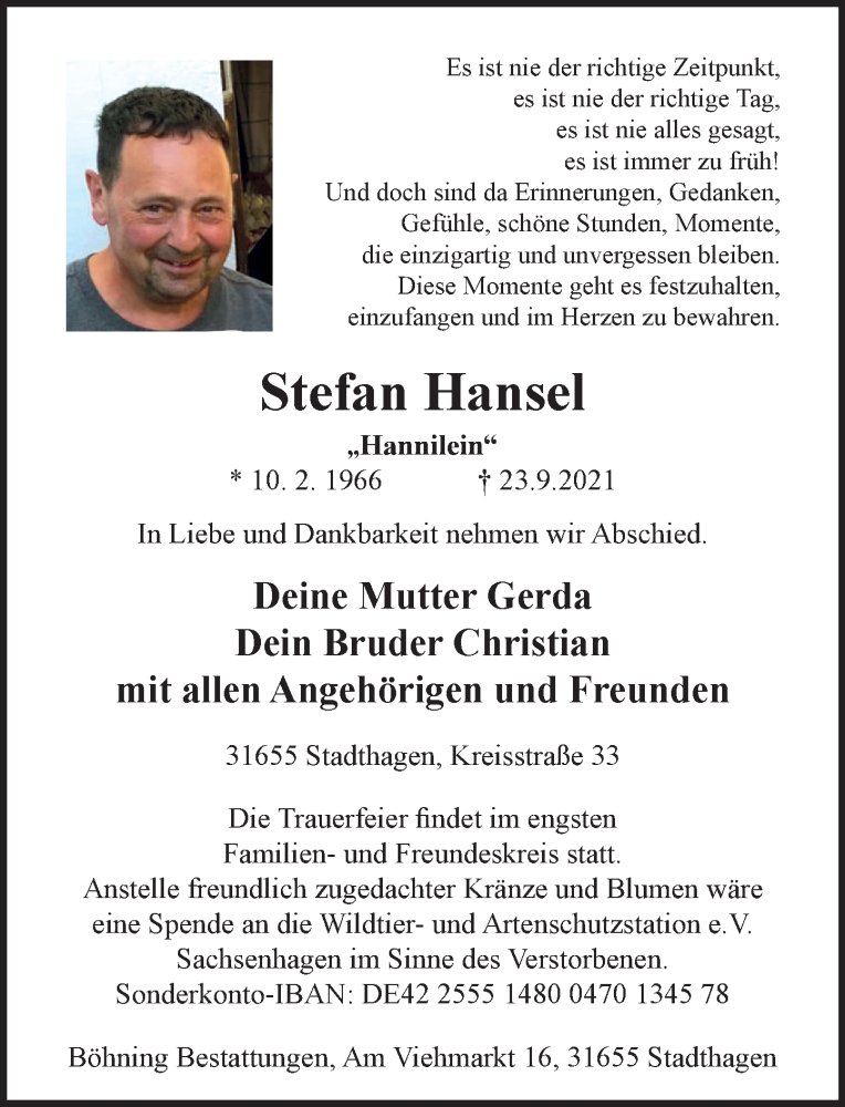  Traueranzeige für Stefan Hansel vom 02.10.2021 aus Schaumburger Nachrichten