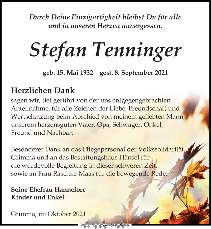  Traueranzeige für Stefan Tenninger vom 09.10.2021 aus Leipziger Volkszeitung