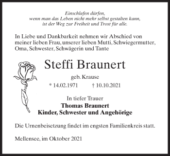 Traueranzeige von Steffi Braunert von Märkischen Allgemeine Zeitung