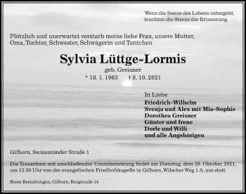 Traueranzeige von Sylvia Lüttge-Lormis von Aller Zeitung