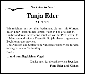 Traueranzeige von Tanja Eder von Lübecker Nachrichten