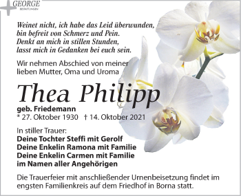 Traueranzeige von Thea Philipp von Leipziger Volkszeitung