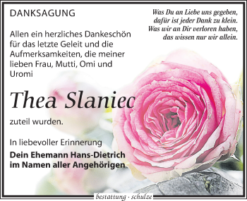 Traueranzeige von Thea Slaniec von Leipziger Volkszeitung