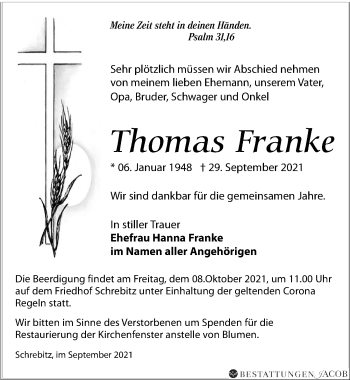 Traueranzeige von Thomas Franke von Leipziger Volkszeitung