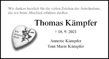 Traueranzeige von Thomas Kämpfer von Lübecker Nachrichten