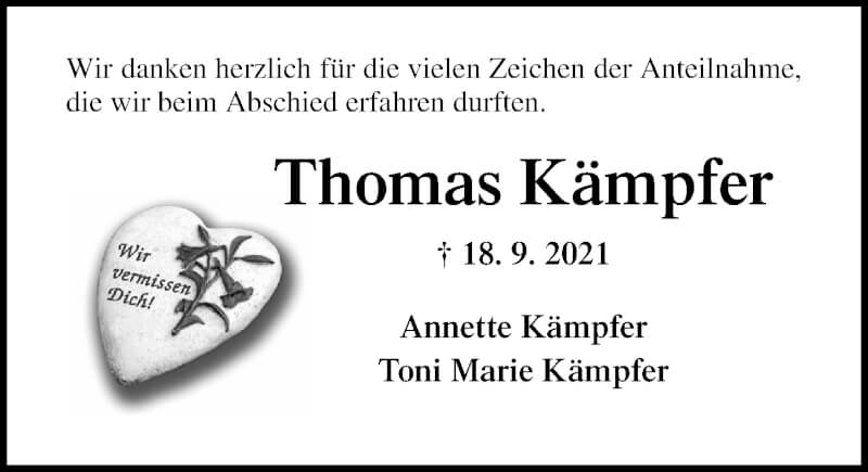  Traueranzeige für Thomas Kämpfer vom 24.10.2021 aus Lübecker Nachrichten