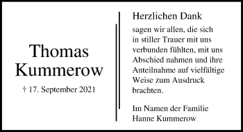 Traueranzeige von Thomas Kummerow von Lübecker Nachrichten