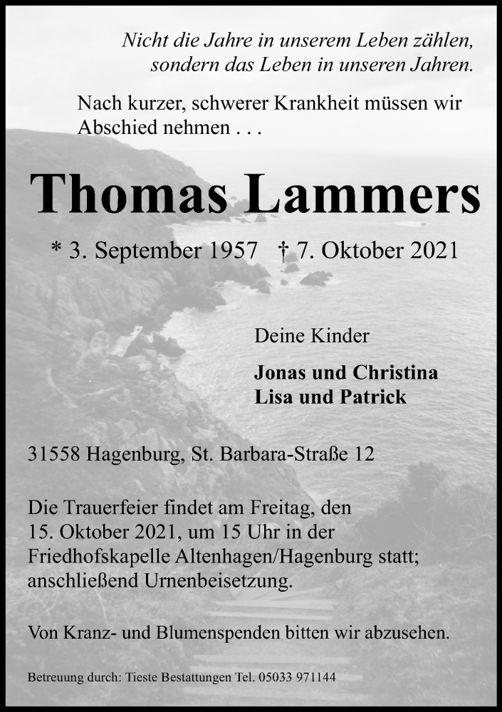  Traueranzeige für Thomas Lammers vom 09.10.2021 aus Schaumburger Nachrichten