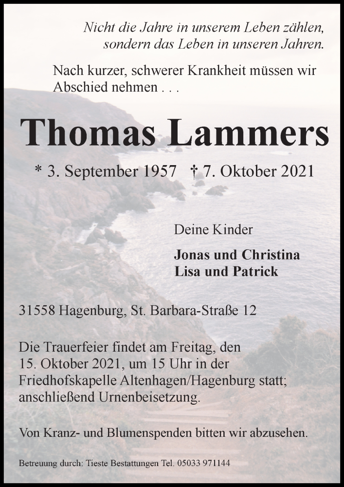  Traueranzeige für Thomas Lammers vom 09.10.2021 aus Hannoversche Allgemeine Zeitung/Neue Presse