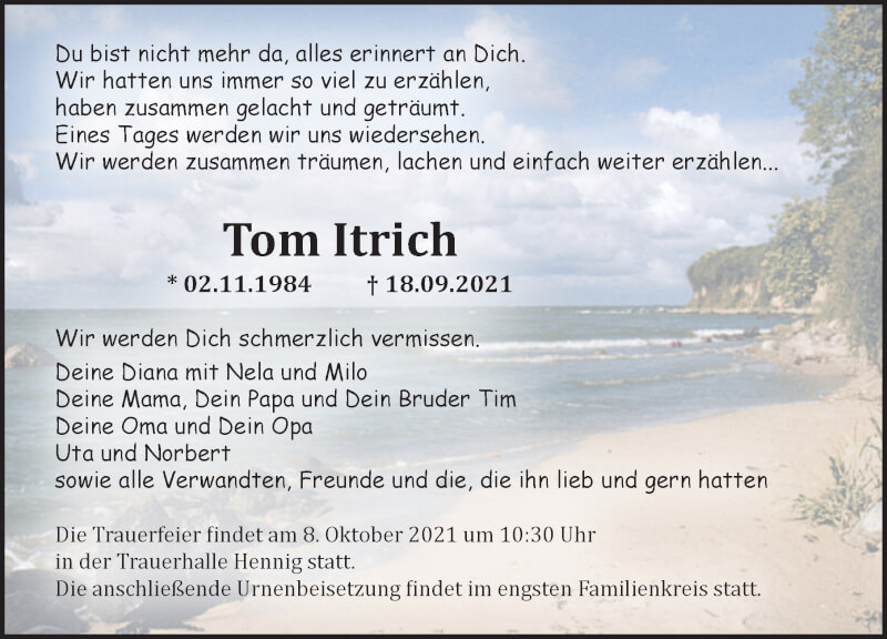  Traueranzeige für Tom Itrich vom 02.10.2021 aus Ostsee-Zeitung GmbH