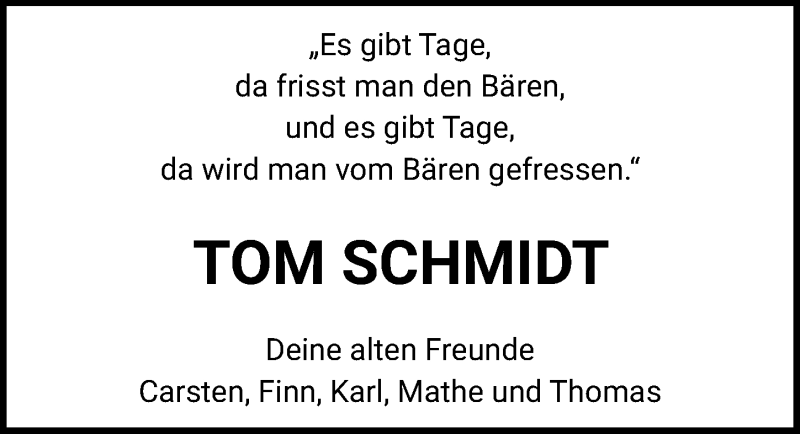  Traueranzeige für Tom Schmidt vom 23.10.2021 aus Hannoversche Allgemeine Zeitung/Neue Presse