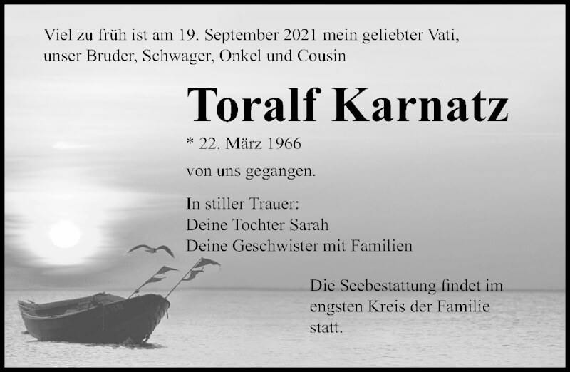  Traueranzeige für Toralf Karnatz vom 02.10.2021 aus Ostsee-Zeitung GmbH