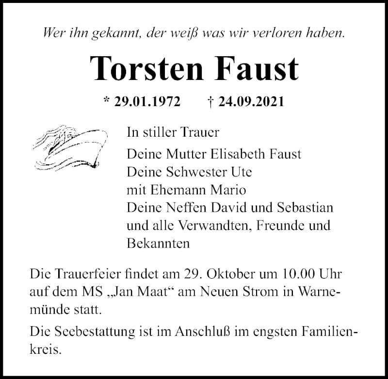  Traueranzeige für Torsten Faust vom 09.10.2021 aus Ostsee-Zeitung GmbH