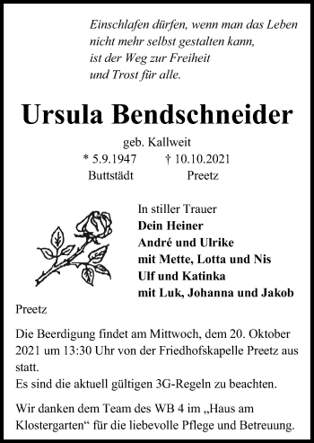 Traueranzeige von Ursula Bendschneider von Kieler Nachrichten