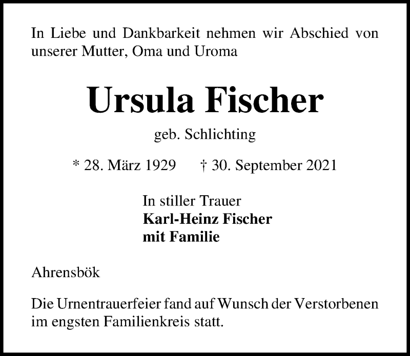 Traueranzeige für Ursula Fischer vom 17.10.2021 aus Lübecker Nachrichten