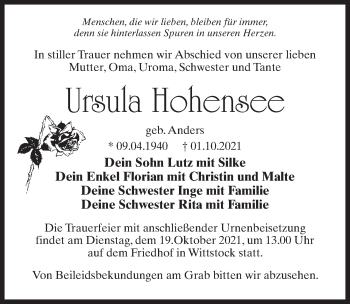 Traueranzeige von Ursula Hohensee von Märkischen Allgemeine Zeitung