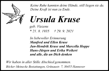 Traueranzeige von Ursula Kruse von Hannoversche Allgemeine Zeitung/Neue Presse