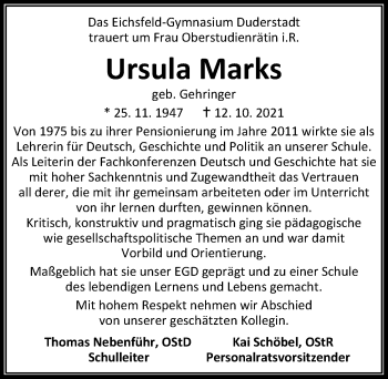 Traueranzeige von Ursula Marks von Eichsfelder Tageblatt