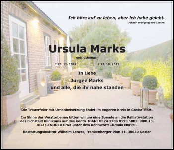 Traueranzeige von Ursula Marks von Göttinger Tageblatt