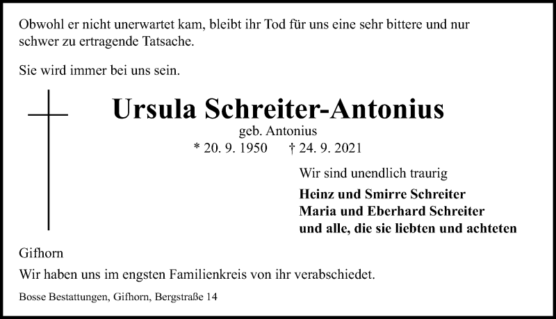  Traueranzeige für Ursula Schreiter-Antonius vom 16.10.2021 aus Aller Zeitung