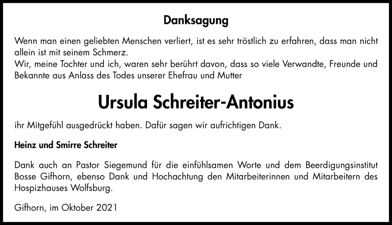  Traueranzeige für Ursula Schreiter-Antonius vom 30.10.2021 aus Aller Zeitung