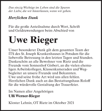 Traueranzeige von Uwe Rieger von Märkischen Allgemeine Zeitung
