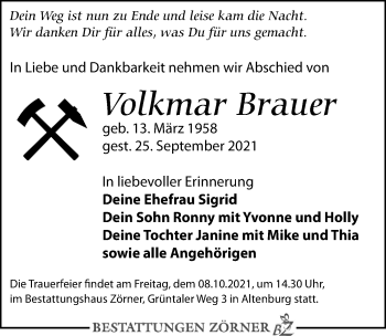 Traueranzeige von Volkmar Brauer von Leipziger Volkszeitung
