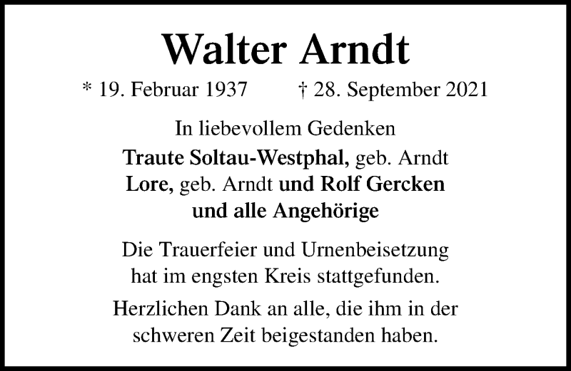  Traueranzeige für Walter Arndt vom 31.10.2021 aus Lübecker Nachrichten