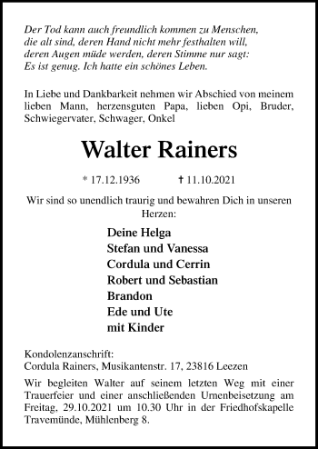 Traueranzeige von Walter Rainers von Lübecker Nachrichten