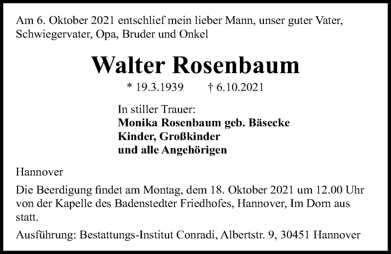 Traueranzeige für Walter Rosenbaum vom 15.10.2021 aus Hannoversche Allgemeine Zeitung/Neue Presse