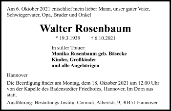 Traueranzeige von Walter Rosenbaum von Hannoversche Allgemeine Zeitung/Neue Presse