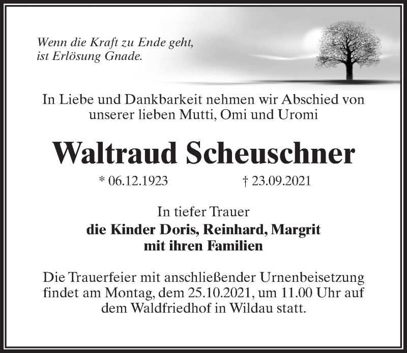 Traueranzeige für Waltraud Scheuschner vom 09.10.2021 aus Märkischen Allgemeine Zeitung