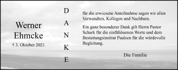 Traueranzeige von Werner Ehmcke von Lübecker Nachrichten