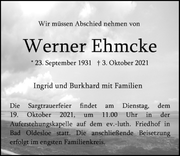 Traueranzeige von Werner Ehmcke von Lübecker Nachrichten