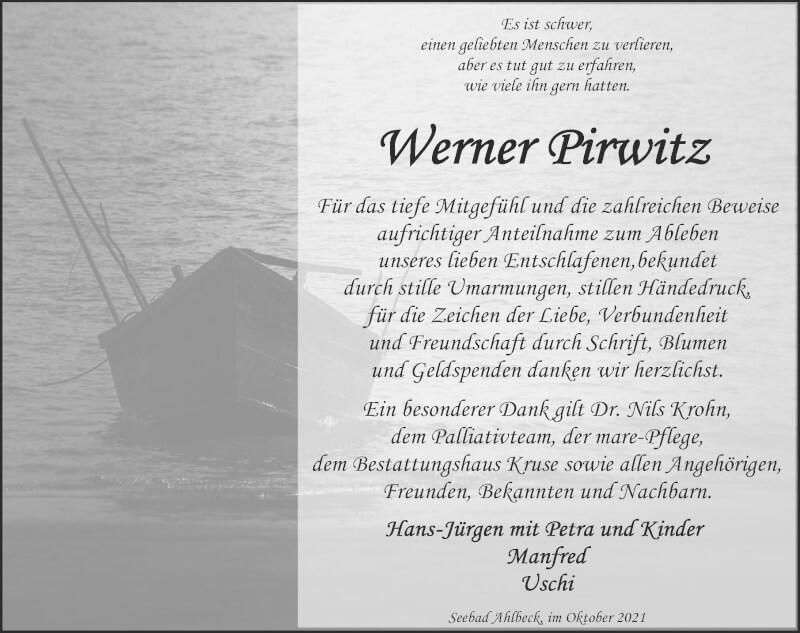  Traueranzeige für Werner Pirwitz vom 09.10.2021 aus Ostsee-Zeitung GmbH
