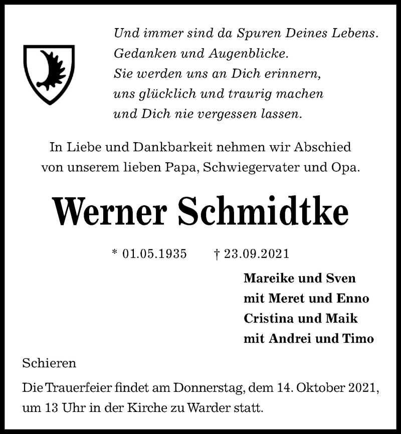  Traueranzeige für Werner Schmidtke vom 02.10.2021 aus Kieler Nachrichten