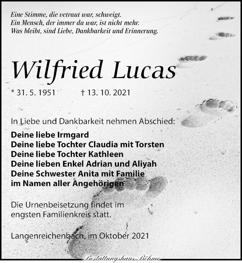  Traueranzeige für Wilfried Lucas vom 23.10.2021 aus Torgauer Zeitung