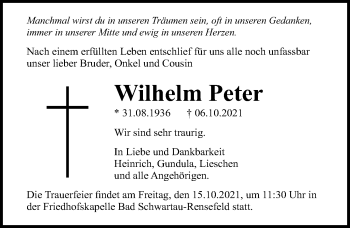Traueranzeige von Wilhelm Peter von Lübecker Nachrichten