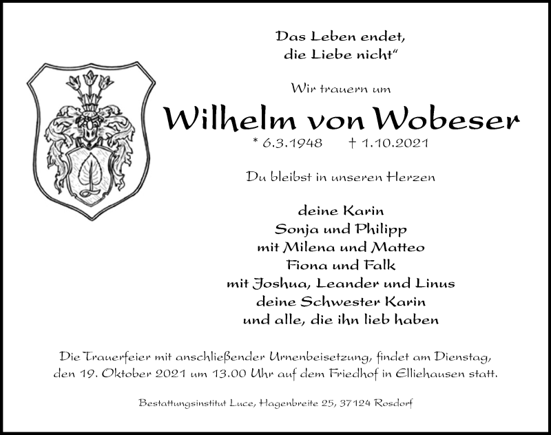  Traueranzeige für Wilhelm von Wobeser vom 09.10.2021 aus Göttinger Tageblatt