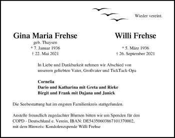 Traueranzeige von Willi Frehse von Lübecker Nachrichten
